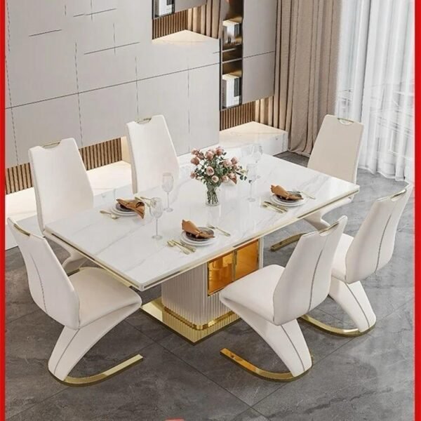 Ayva Marble top Dining Table, Stainless Steel Base with under bar and storage - Image 3