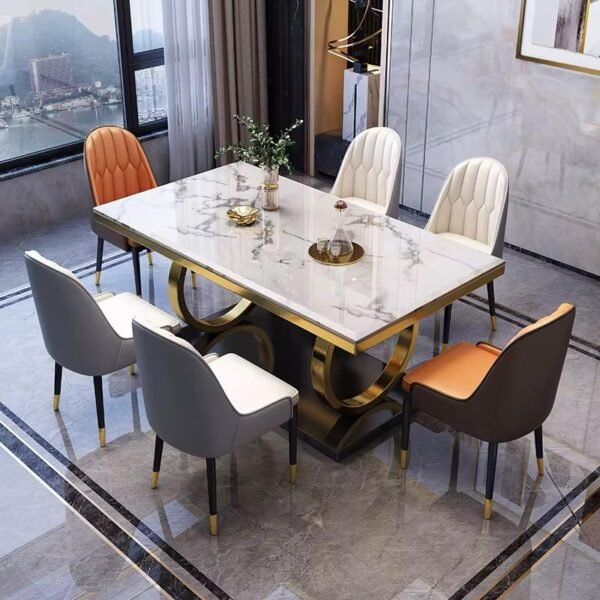Ginza Rectangle White Marble Dining Table with Gold Metal Pedestal Base, Gold Finish - Image 3