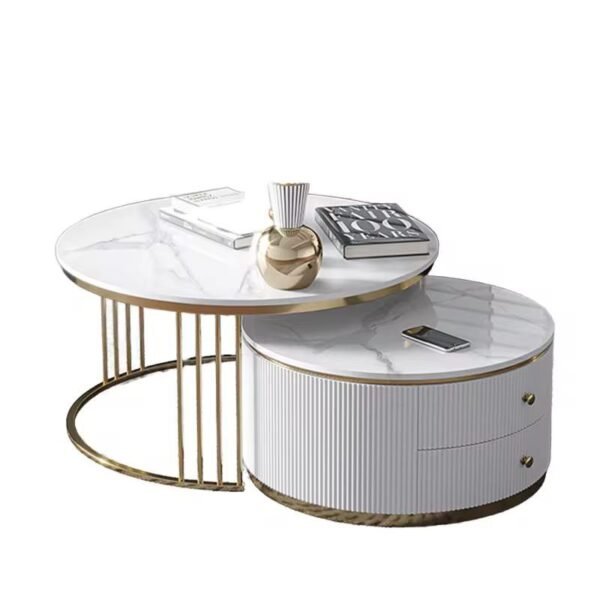 This nested coffee table has a very delicate design. The larger table features black ceramic tabletop and golden frame, showing a modern and simple design style. And the small one has a marbled-veined tabletop and golden handles &legs, adding a sense of luxury.